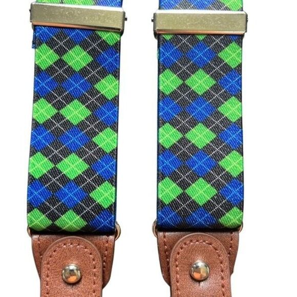 English Laundry Suspenders Plaid Blue Green Royal Tartan Adjustable New In Box - Picture 5 of 6